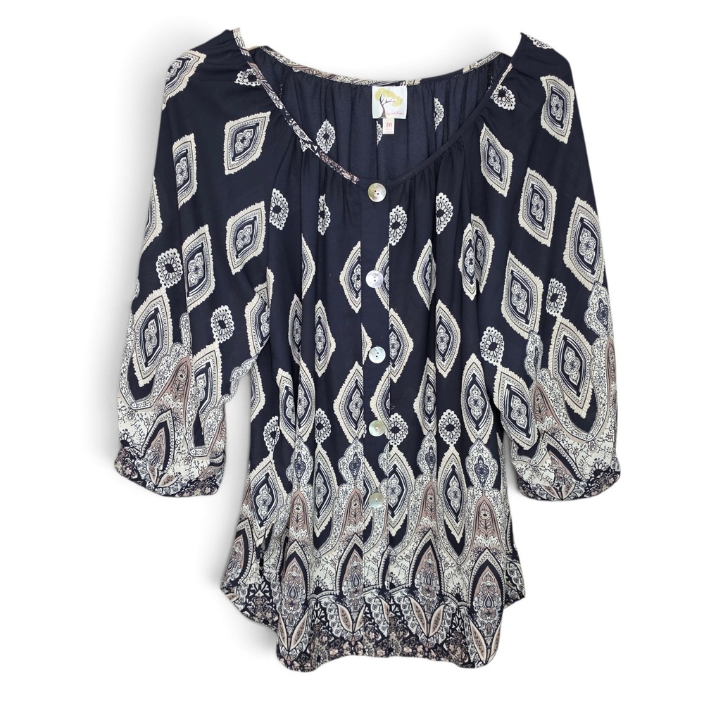 Fig & Flower Top Womens Medium Peasant Blouse Boho Paisley Border Print Button